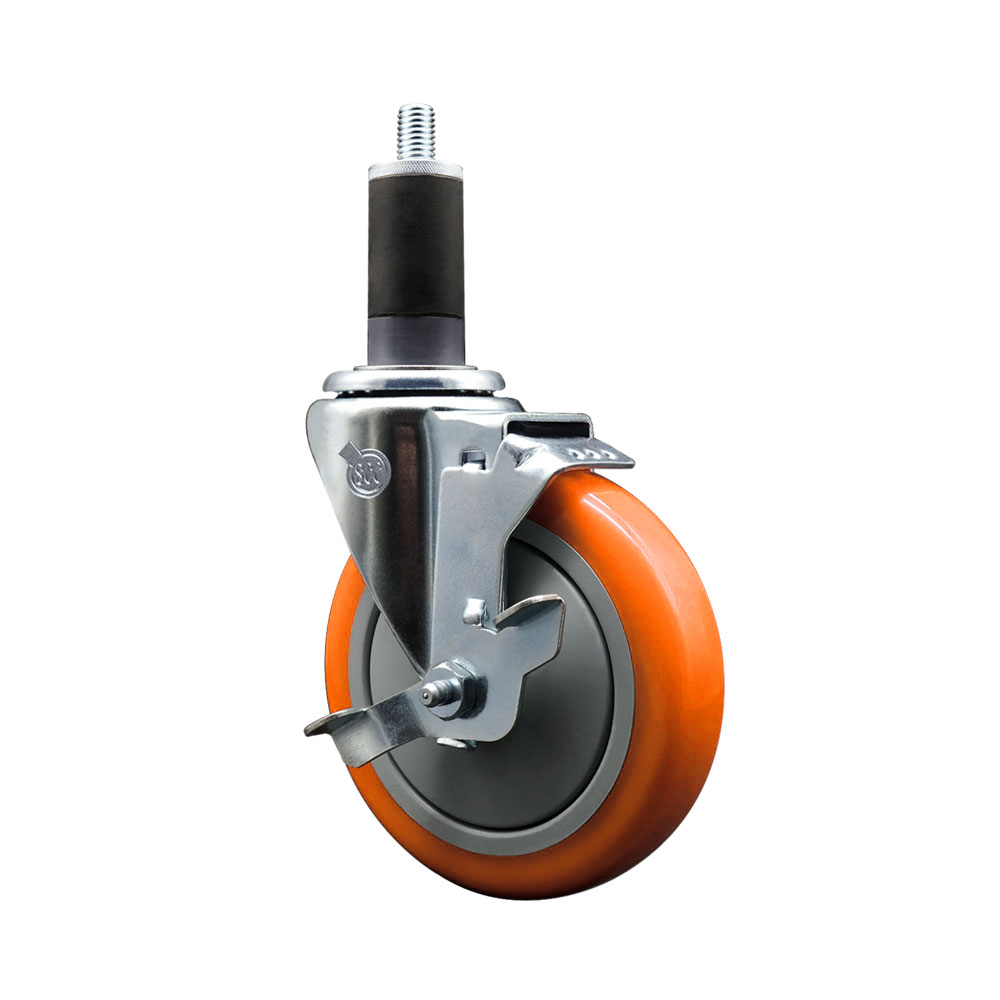 Stainless Steel Polyurethane Expanding Stem Swivel Caster with 5 Inch Orange Wheel and 1-1/4" Stem & Top Locking Brake - 350 lbs. Capacity Per Caster - Service Caster Brand — photo 1