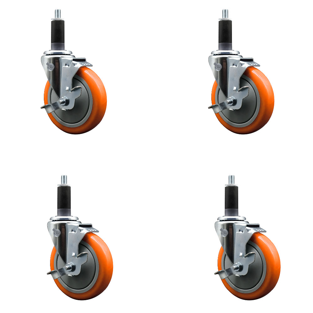 Stainless Steel Polyurethane Swivel Expanding Stem Caster Set of 4 with 5 Inch Orange Wheels and 1-1/8" Stems-Includes 4 Swivel with Top Locking Brakes-350lbs. Capacity Per Caster-Service Caster Brand — photo 1