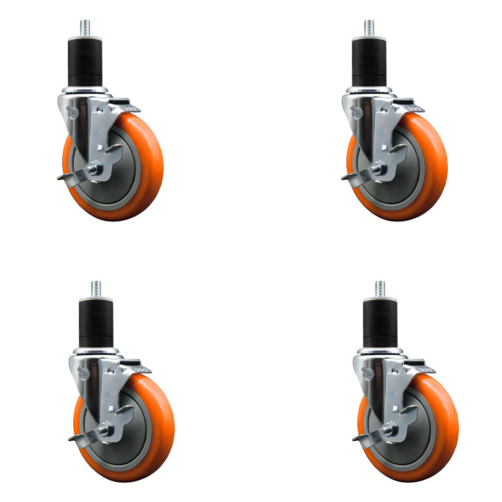 Stainless Steel Polyurethane Swivel Expanding Stem Caster Set of 4 with 5 Inch Orange Wheels and 1-3/4" Stems-Includes 4 Swivel with Top Locking Brakes-350lbs. Capacity Per Caster-Service Caster Brand — photo 1