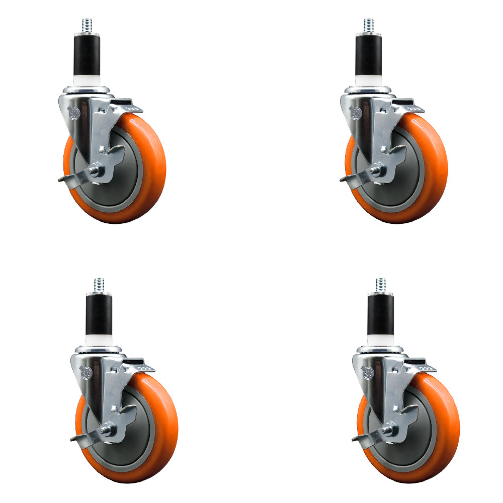 Stainless Steel Polyurethane Swivel Expanding Stem Caster Set of 4 with 5 Inch Orange Wheels and 1-3/8" Stems-Includes 4 Swivel with Top Locking Brakes-350lbs. Capacity Per Caster-Service Caster Brand — photo 1
