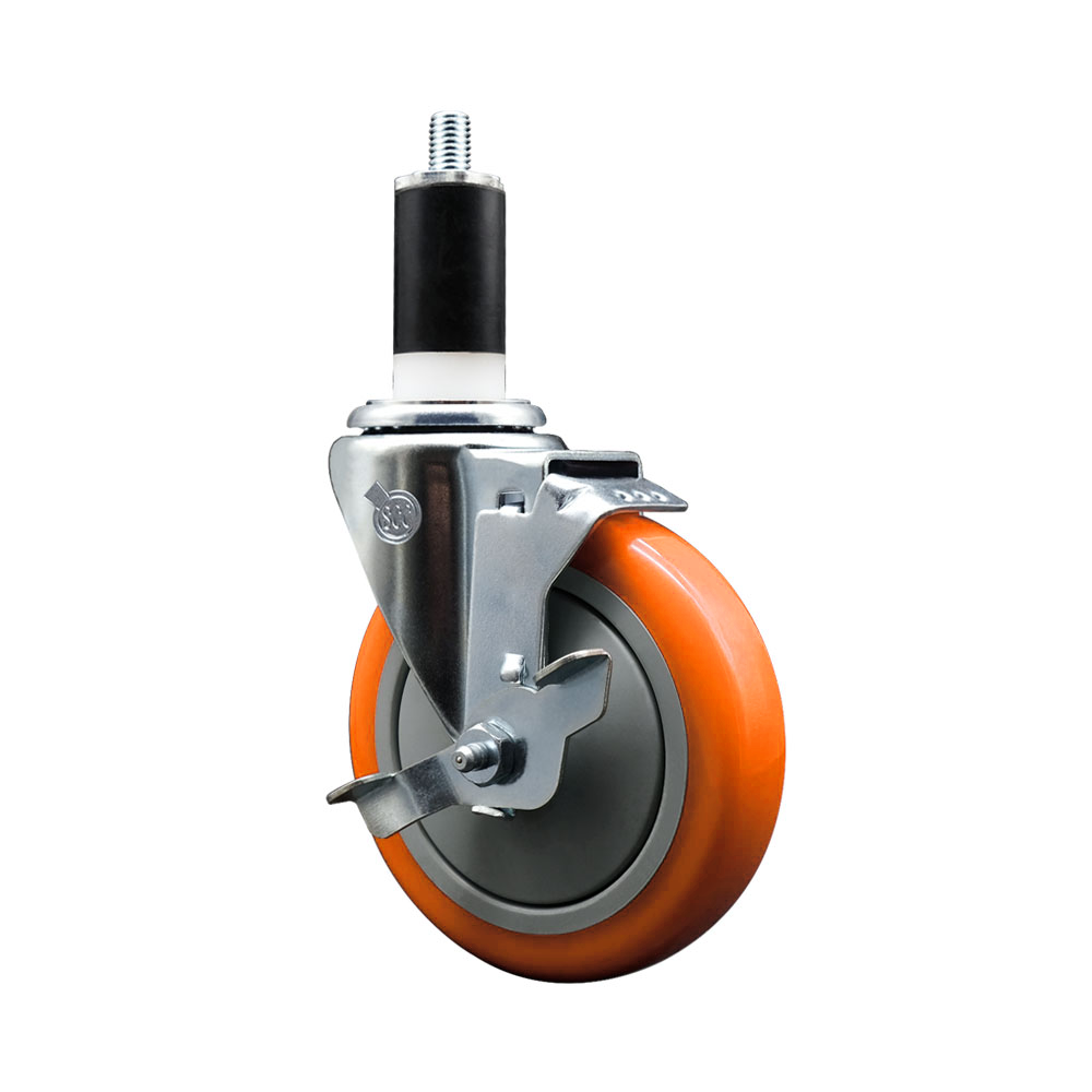 Polyurethane Swivel Stem Caster with 5 Inch Orange Caster Wheel and Top Lock Brake - 1-3/8" Expanding Stem - 316 Stainless Steel Caster - 350 lbs. Capacity Per Caster - Service Caster Brand — photo 1