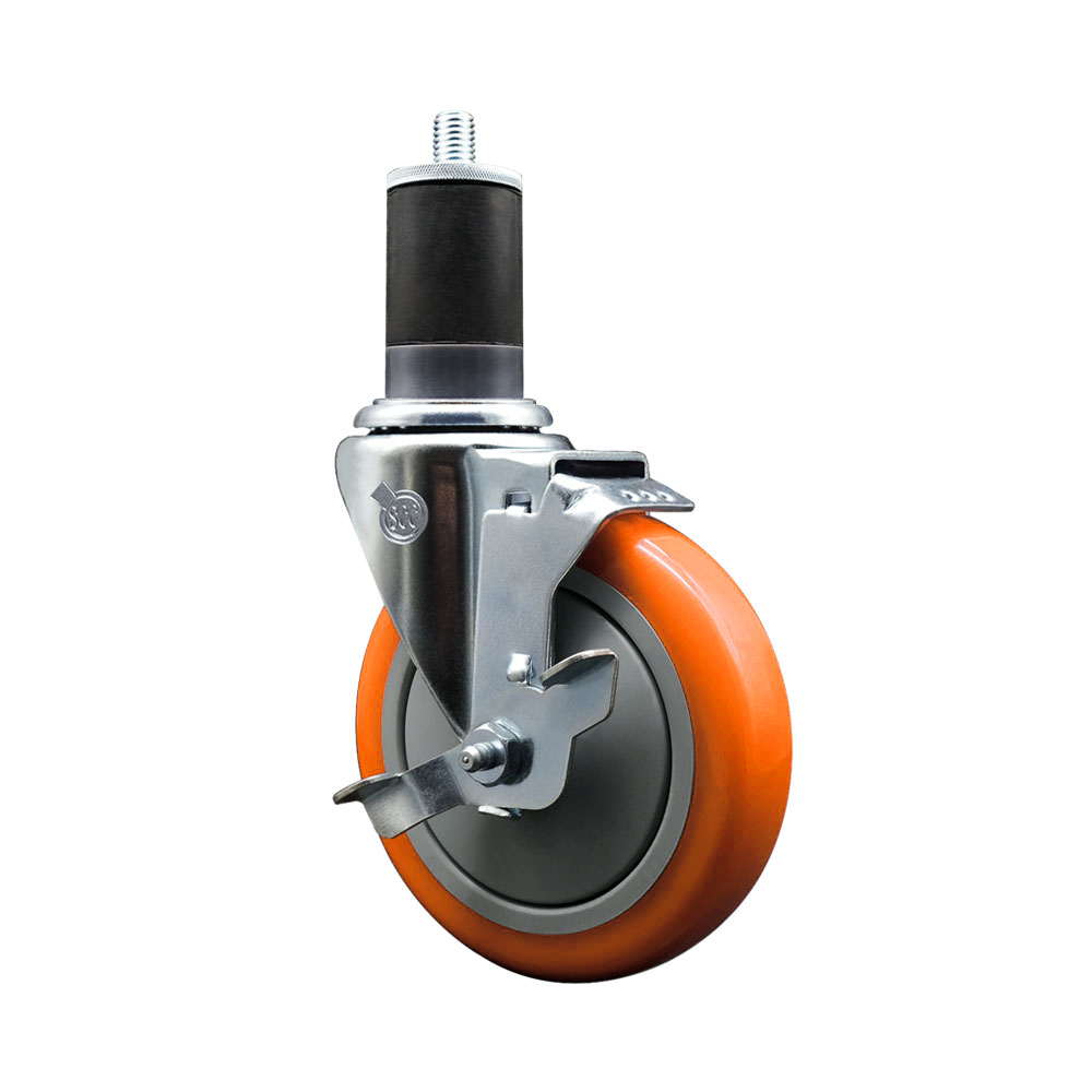 Polyurethane Expanding Stem Swivel Caster with 5 Inch Orange Wheel and 1-5/8" Stem & Top Locking Brake - 350 lbs. Capacity Per Caster - Service Caster Brand — photo 1