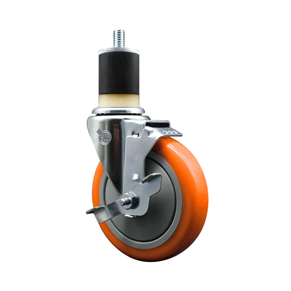 Polyurethane Expanding Stem Swivel Caster with 5 Inch Orange Wheel and 1-7/8" Stem & Top Locking Brake - 350 lbs. Capacity Per Caster - Service Caster Brand — photo 1