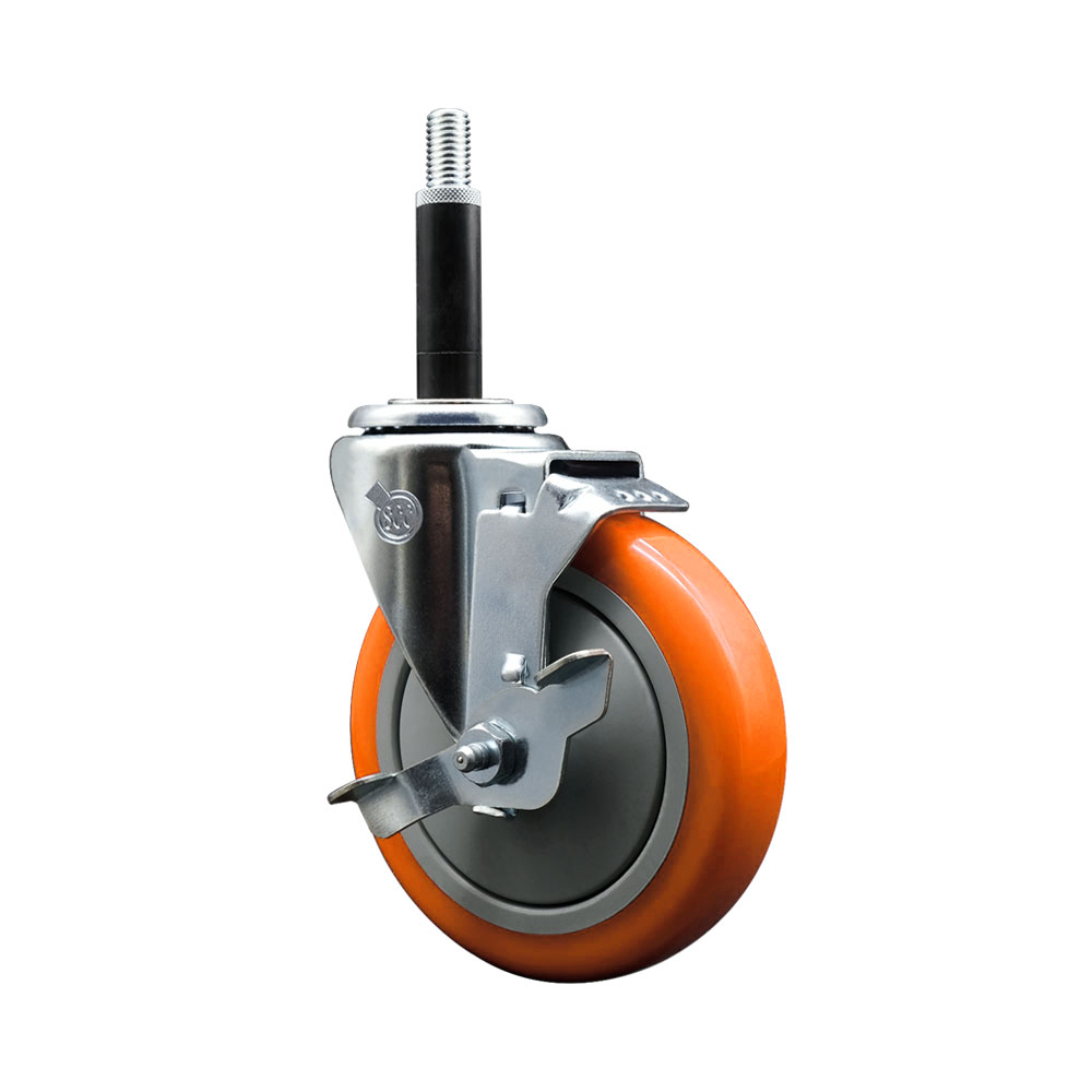 Polyurethane Expanding Stem Swivel Caster with 5 Inch Orange Wheel and 3/4" Stem & Top Locking Brake - 350 lbs. Capacity Per Caster - Service Caster Brand — photo 1