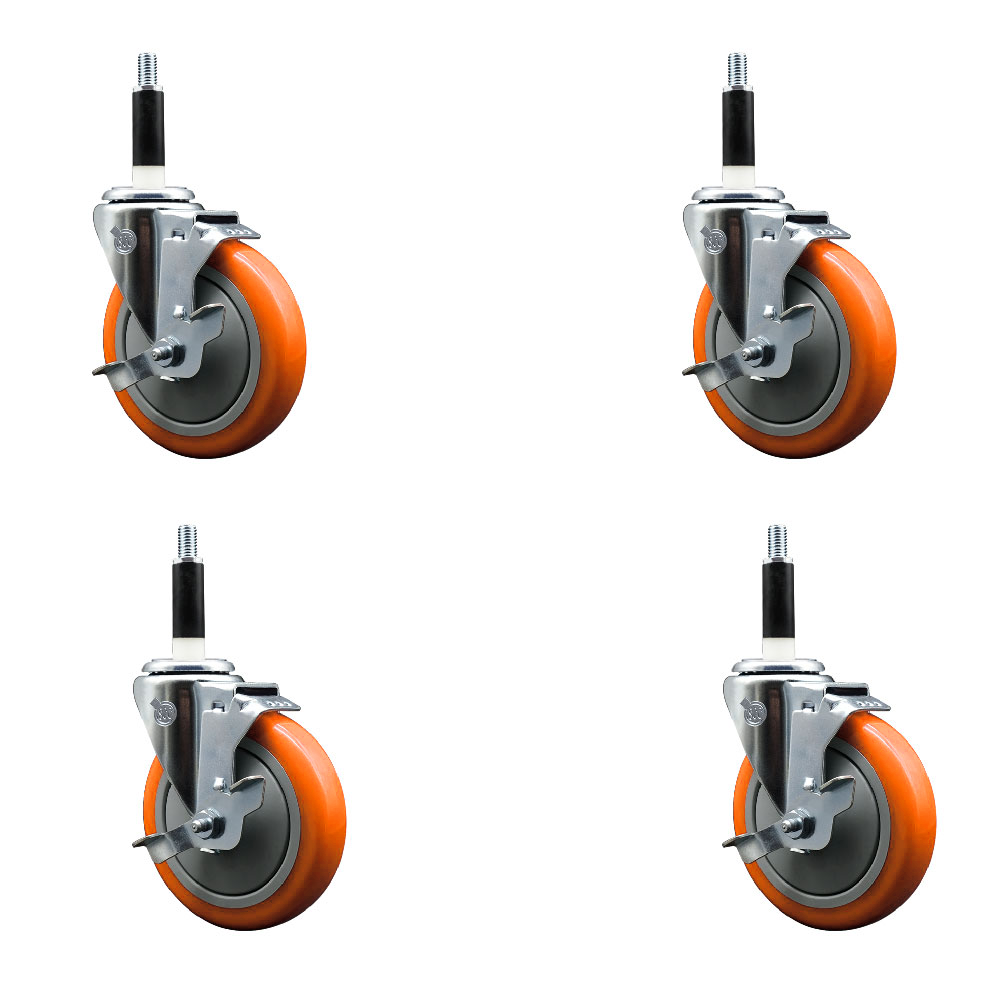 Polyurethane Swivel Expanding Stem Caster Set of 4 with 5 Inch Orange Wheels and 7/8" Stems - Includes 4 Swivel with Top Locking Brakes - 350 lbs. Capacity Per Caster - Service Caster Brand — photo 1
