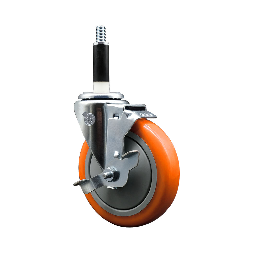 Polyurethane Swivel Stem Caster with 5 Inch Orange Caster Wheel and Top Lock Brake - 7/8" Expanding Stem - 316 Stainless Steel Caster - 350 lbs. Capacity Per Caster - Service Caster Brand — photo 1