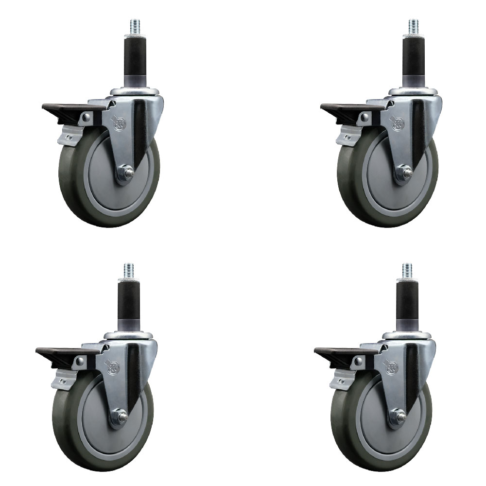Polyurethane Swivel Expanding Stem Caster Set of 4 with 5 Inch Gray Wheels and 1-1/8" Stems - Includes 4 Swivel with Posi Locking Brakes - 350 lbs. Capacity Per Caster - Service Caster Brand — photo 1