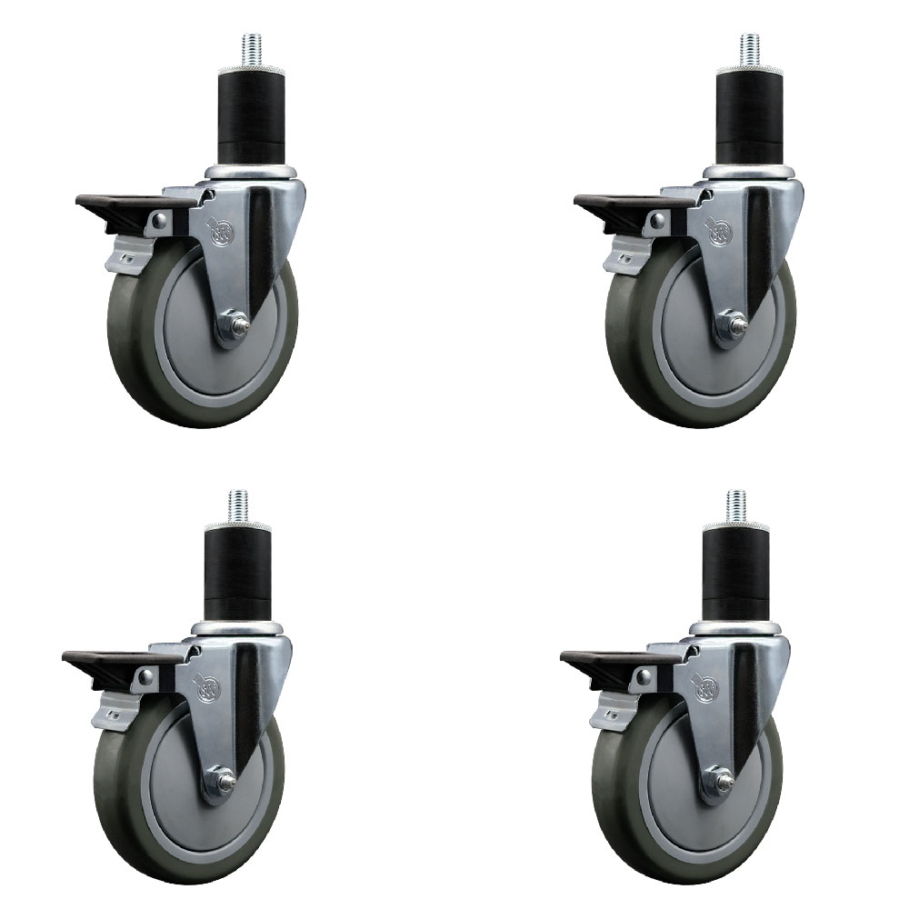 Polyurethane Swivel Expanding Stem Caster Set of 4 with 5 Inch Gray Wheels and 1-3/4" Stems - Includes 4 Swivel with Posi Locking Brakes - 350 lbs. Capacity Per Caster - Service Caster Brand — photo 1