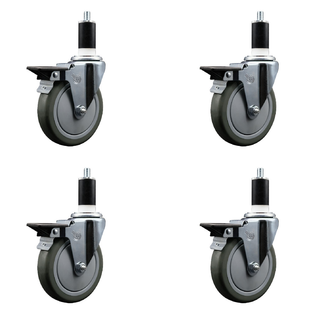 Polyurethane Swivel Expanding Stem Caster Set of 4 with 5 Inch Gray Wheels and 1-3/8" Stems - Includes 4 Swivel with Posi Locking Brakes - 350 lbs. Capacity Per Caster - Service Caster Brand — photo 1