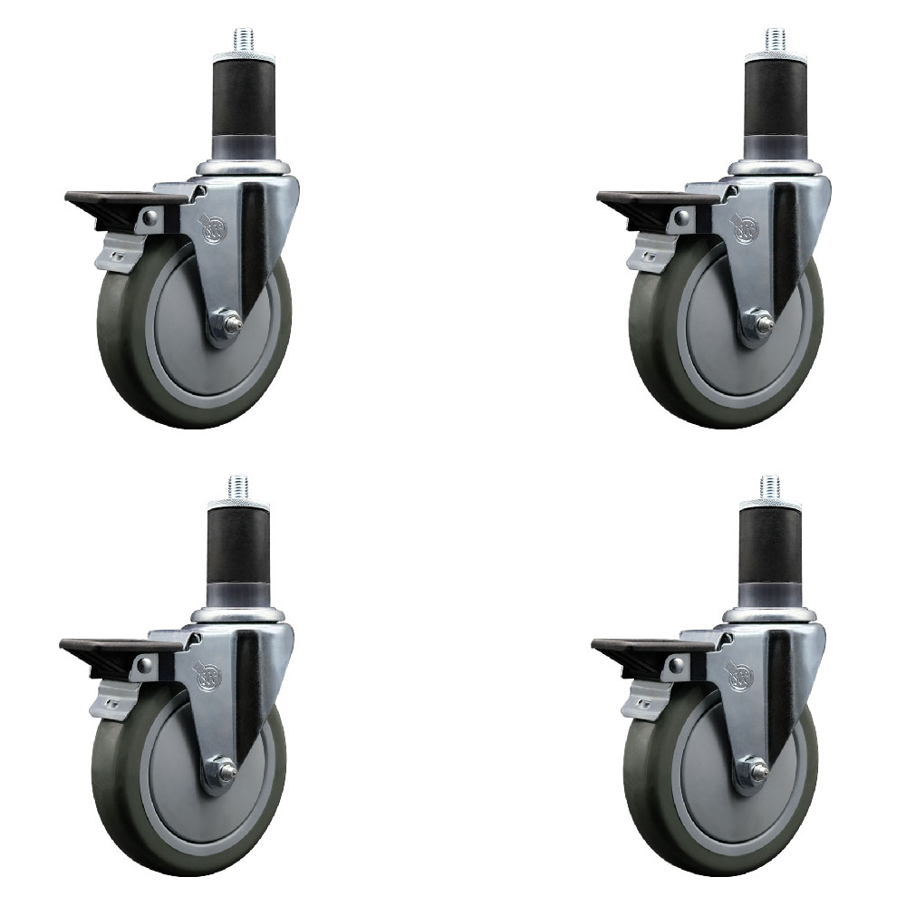 Polyurethane Swivel Expanding Stem Caster Set of 4 with 5 Inch Gray Wheels and 1-5/8" Stems - Includes 4 Swivel with Posi Locking Brakes - 350 lbs. Capacity Per Caster - Service Caster Brand — photo 1