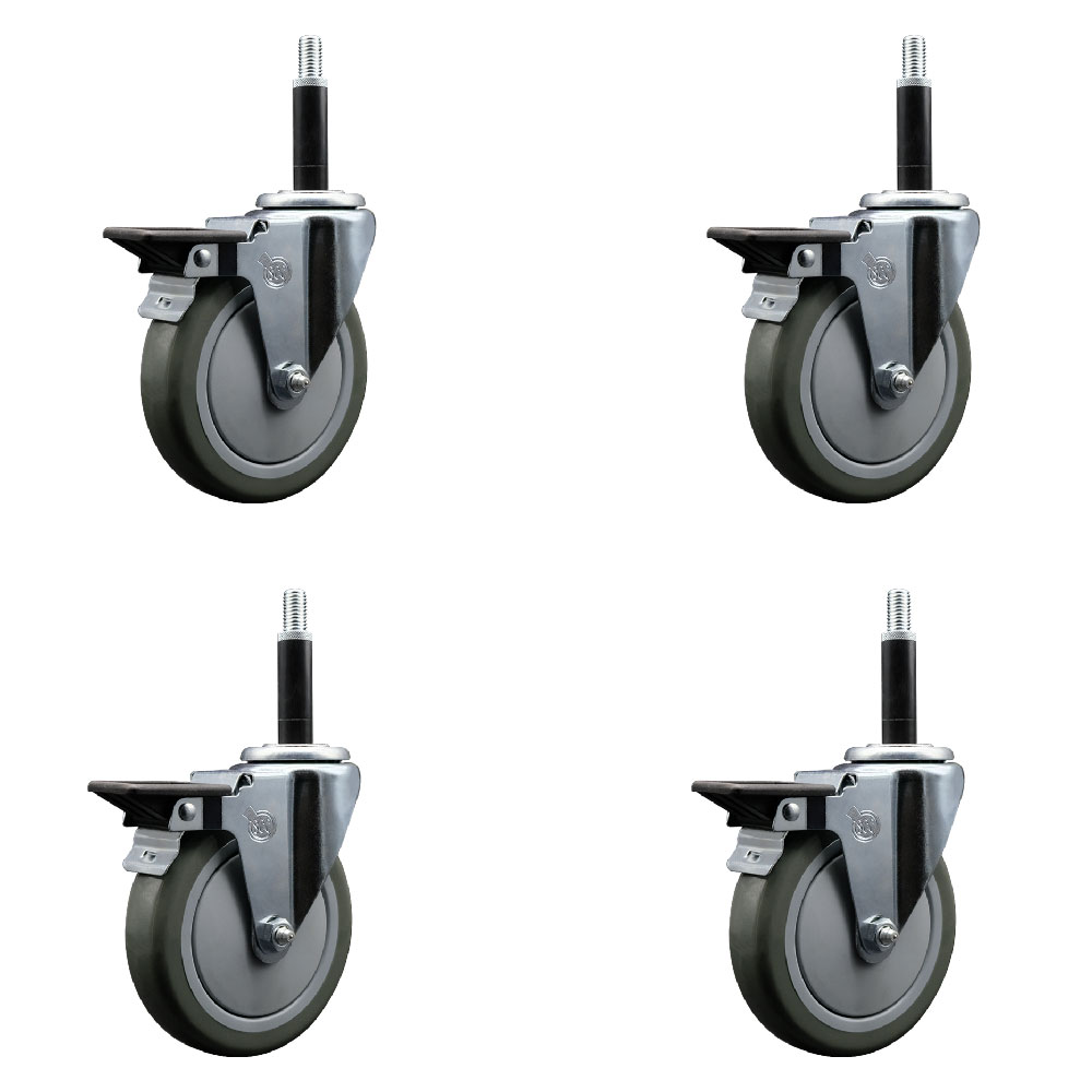 Polyurethane Swivel Expanding Stem Caster Set of 4 with 5 Inch Gray Wheels and 3/4" Stems - Includes 4 Swivel with Posi Locking Brakes - 350 lbs. Capacity Per Caster - Service Caster Brand — photo 1