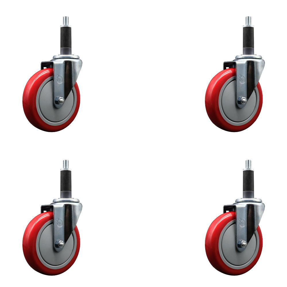 Stainless Steel Polyurethane Swivel Expanding Stem Caster Set of 4 with 5 Inch Red Wheels and 1" Stems - Includes 4 Swivel - 350 lbs. Capacity Per Caster - Service Caster Brand — photo 1