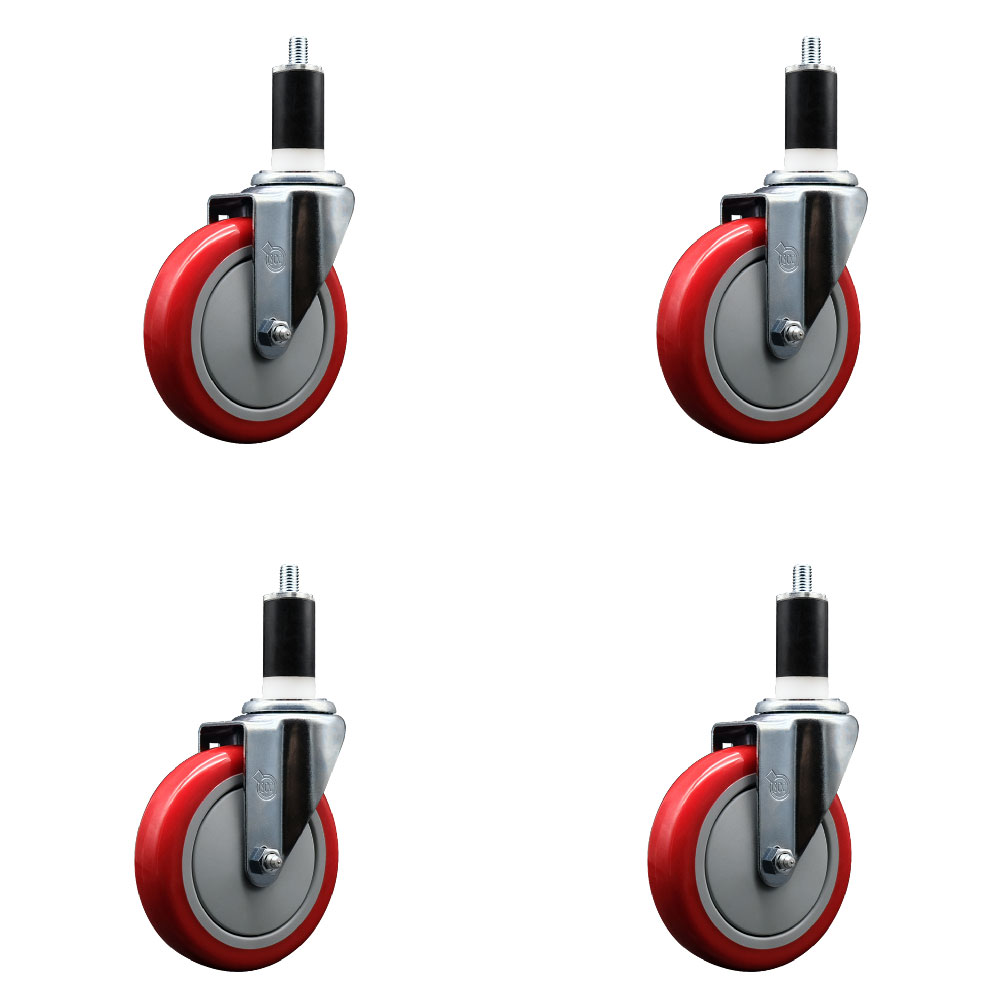 Polyurethane Swivel Expanding Stem Caster Set of 4 with 5 Inch Red Wheels and 1-3/8" Stems - 350 lbs. Capacity Per Caster - Service Caster Brand — photo 1