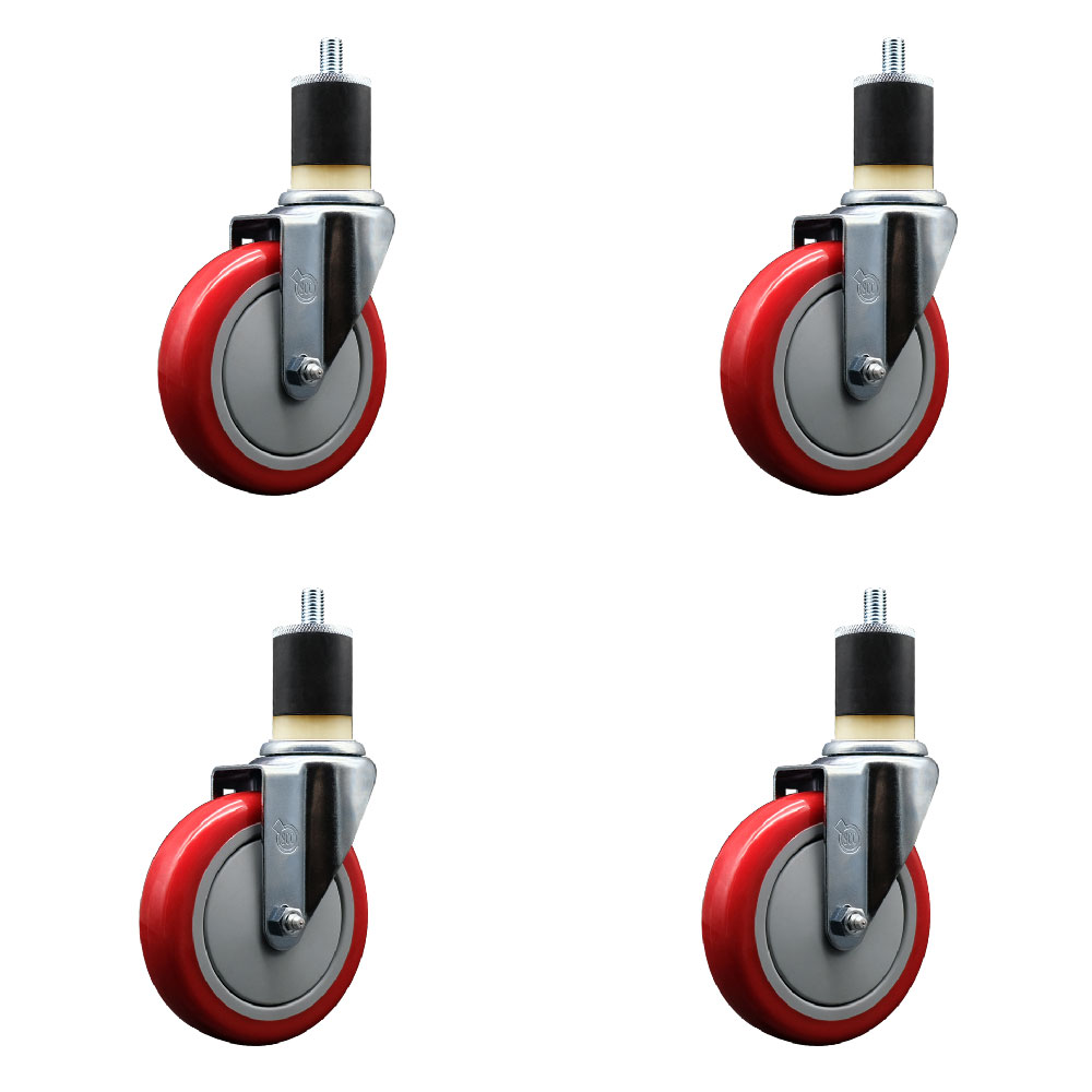 Polyurethane Swivel Expanding Stem Caster Set of 4 with 5 Inch Red Wheels and 1-7/8" Stems - 350 lbs. Capacity Per Caster - Service Caster Brand — photo 1