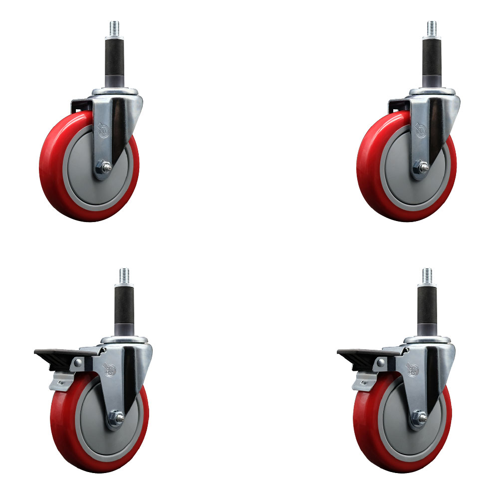 Polyurethane Swivel Expanding Stem Caster Set of 4 with 5 Inch Red Wheels and 1" Stems - Includes 2 with Posi Locking Brakes - 1400 lbs Total Capacity - Service Caster Brand — photo 1