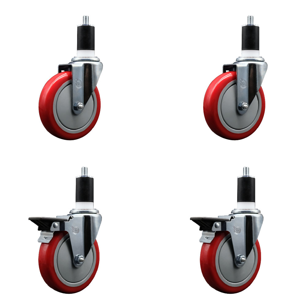 Polyurethane Swivel Expanding Stem Caster Set of 4 with 5 Inch Red Wheels and 1-1/2" Stems - Includes 2 with Posi Locking Brakes - 1400 lbs Total Capacity - Service Caster Brand — photo 1