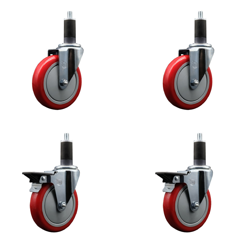 Polyurethane Swivel Expanding Stem Caster Set of 4 with 5 Inch Red Wheels and 1-1/4" Stems - Includes 2 with Posi Locking Brakes - 1400 lbs Total Capacity - Service Caster Brand — photo 1