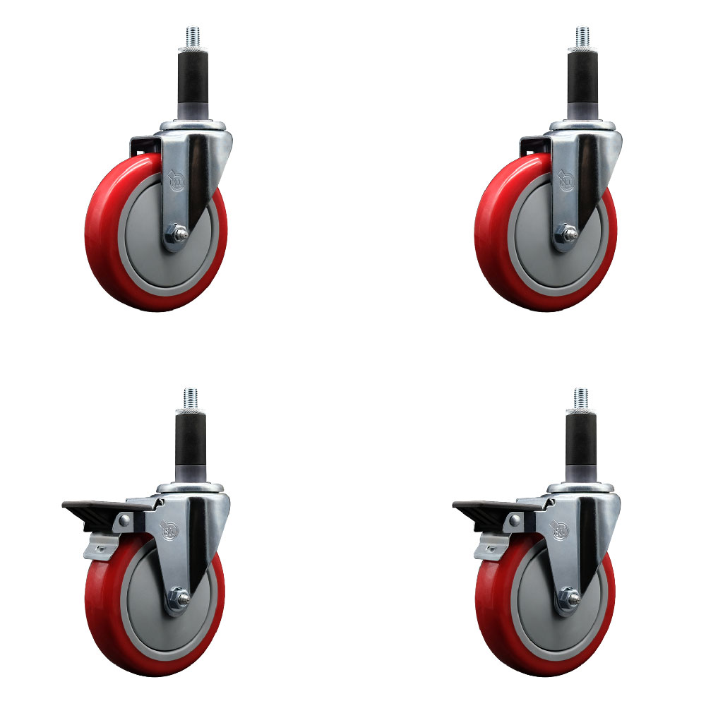 Polyurethane Swivel Expanding Stem Caster Set of 4 with 5 Inch Red Wheels and 1-1/8" Stems - Includes 2 with Posi Locking Brakes - 1400 lbs Total Capacity - Service Caster Brand — photo 1