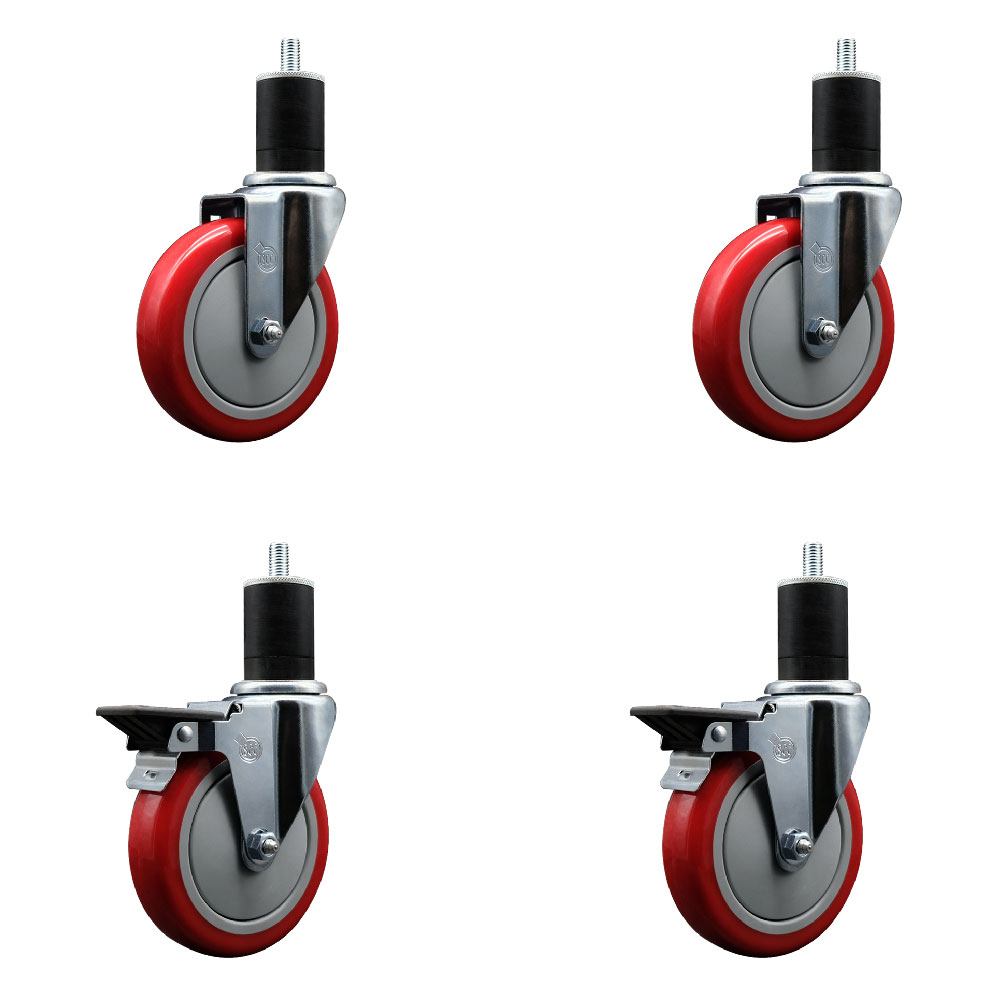 Polyurethane Swivel Expanding Stem Caster Set of 4 with 5 Inch Red Wheels and 1-3/4" Stems - Includes 2 with Posi Locking Brakes - 1400 lbs Total Capacity - Service Caster Brand — photo 1