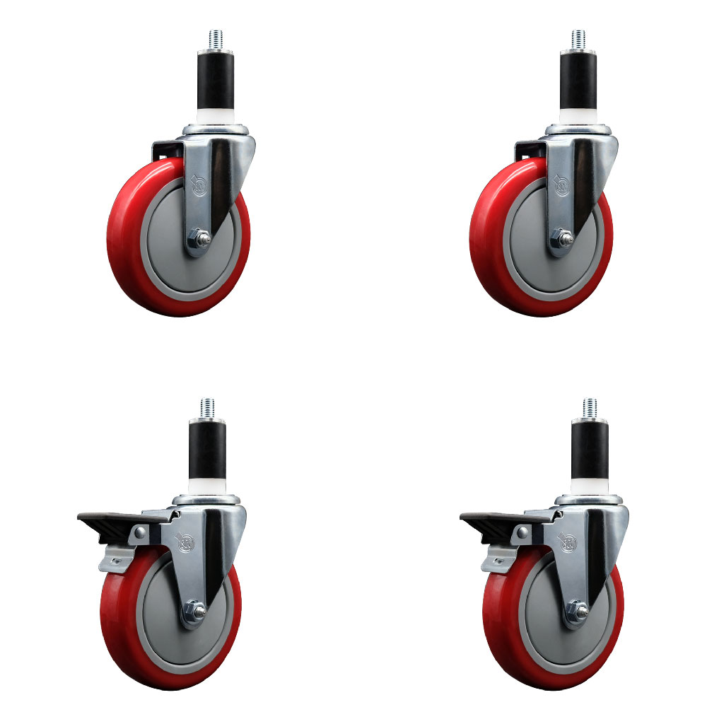 Polyurethane Swivel Expanding Stem Caster Set of 4 with 5 Inch Red Wheels and 1-3/8" Stems - Includes 2 with Posi Locking Brakes - 1400 lbs Total Capacity - Service Caster Brand — photo 1