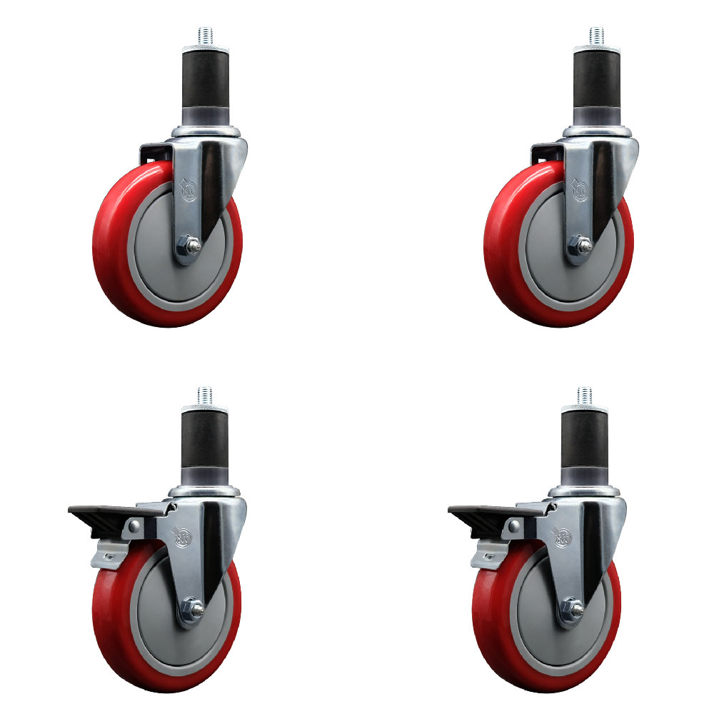 Polyurethane Swivel Expanding Stem Caster Set of 4 with 5 Inch Red Wheels and 1-5/8" Stems - Includes 2 with Posi Locking Brakes - 1400 lbs Total Capacity - Service Caster Brand — photo 1