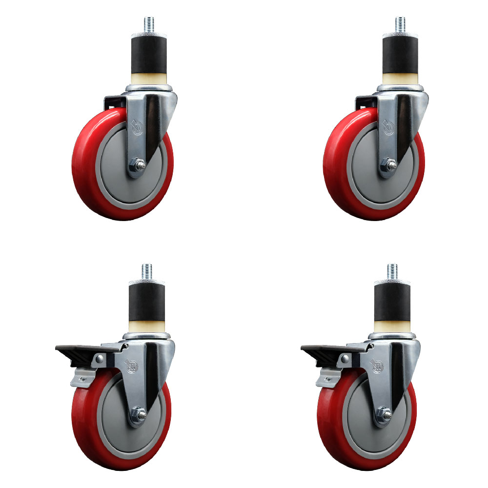 Polyurethane Swivel Expanding Stem Caster Set of 4 with 5 Inch Red Wheels and 1-7/8" Stems - Includes 2 with Posi Locking Brakes - 1400 lbs Total Capacity - Service Caster Brand — photo 1