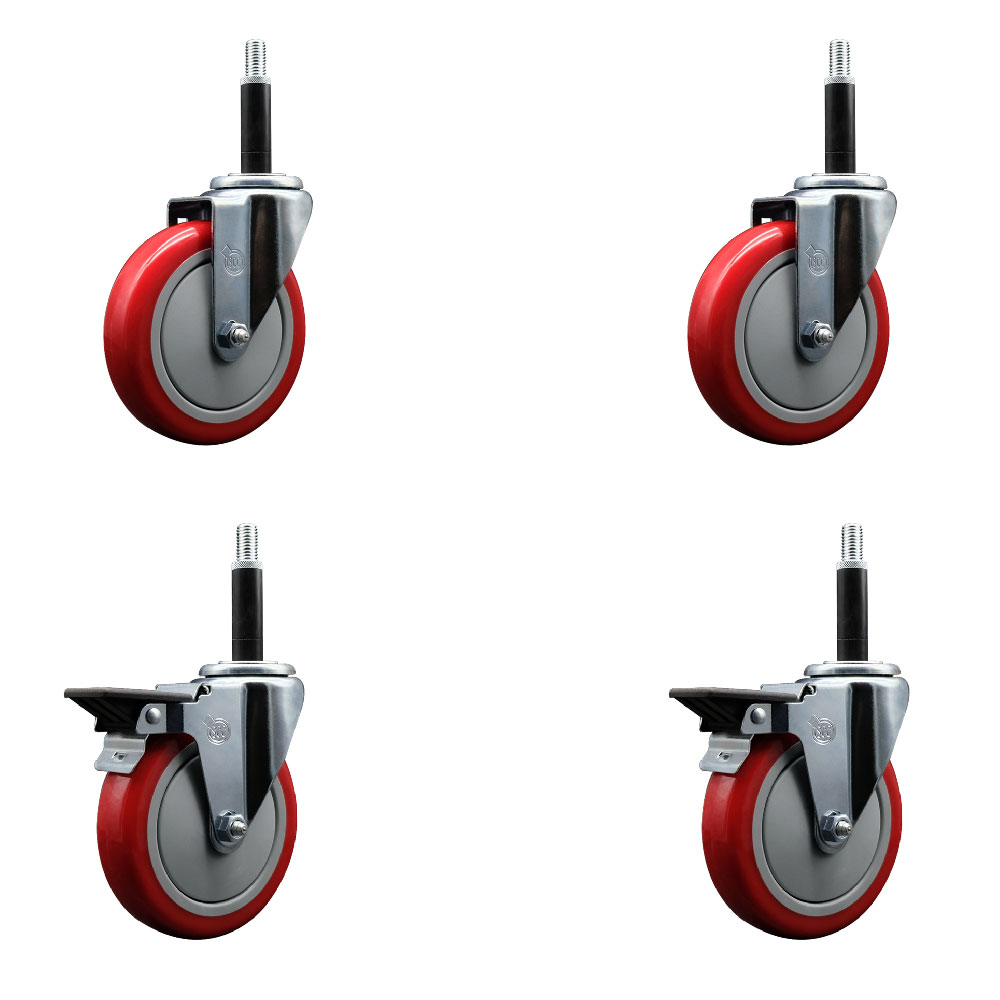 Polyurethane Swivel Expanding Stem Caster Set of 4 with 5 Inch Red Wheels and 3/4" Stems - Includes 2 with Posi Locking Brakes - 1400 lbs Total Capacity - Service Caster Brand — photo 1