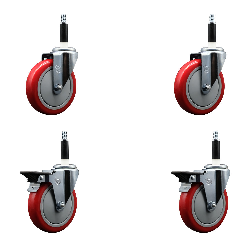 Polyurethane Swivel Expanding Stem Caster Set of 4 with 5 Inch Red Wheels and 7/8" Stems - Includes 2 with Posi Locking Brakes - 1400 lbs Total Capacity - Service Caster Brand — photo 1