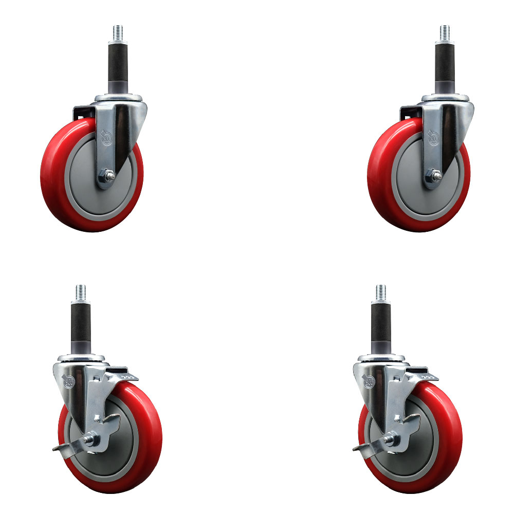 Polyurethane Swivel Expanding Stem Caster Set of 4 with 5 Inch Red Wheels and 1" Stems - Includes 2 with Top Locking Brakes - 1400 lbs Total Capacity - Service Caster Brand — photo 1