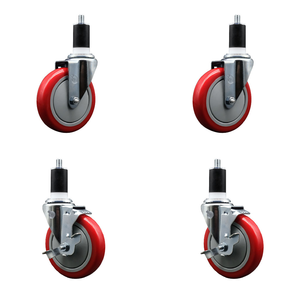 Stainless Steel Polyurethane Swivel Expanding Stem Caster Set of 4 with 5 Inch Red Wheels and 1-1/2" Stems - Includes 2 with Top Locking Brakes - 1400 lbs Total Capacity - Service Caster Brand — photo 1