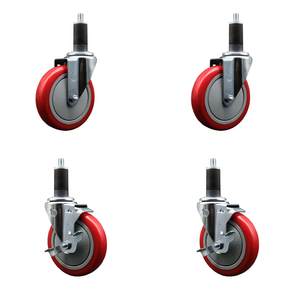Polyurethane Swivel Expanding Stem Caster Set of 4 with 5 Inch Red Wheels and 1-1/4" Stems - Includes 2 with Top Locking Brakes - 1400 lbs Total Capacity - Service Caster Brand — photo 1