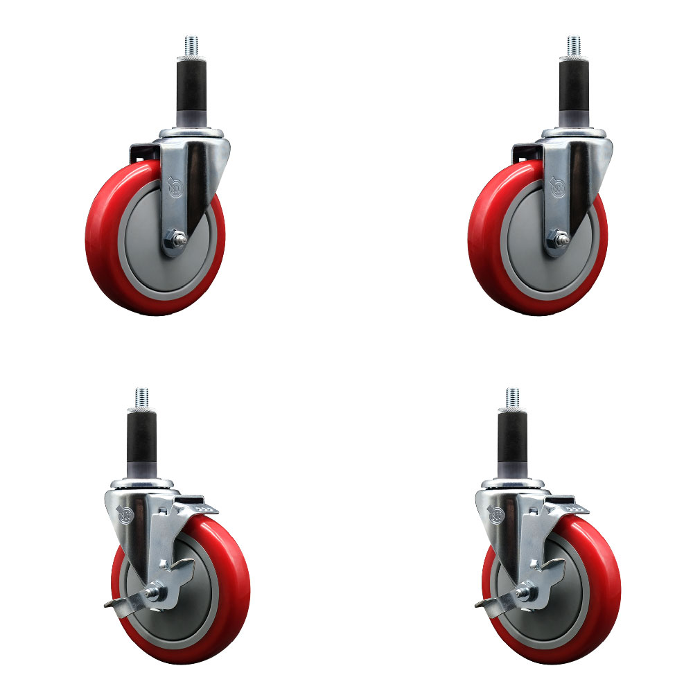 Stainless Steel Polyurethane Swivel Expanding Stem Caster Set of 4 with 5 Inch Red Wheels and 1-1/8" Stems - Includes 2 with Top Locking Brakes - 1400 lbs Total Capacity - Service Caster Brand — photo 1