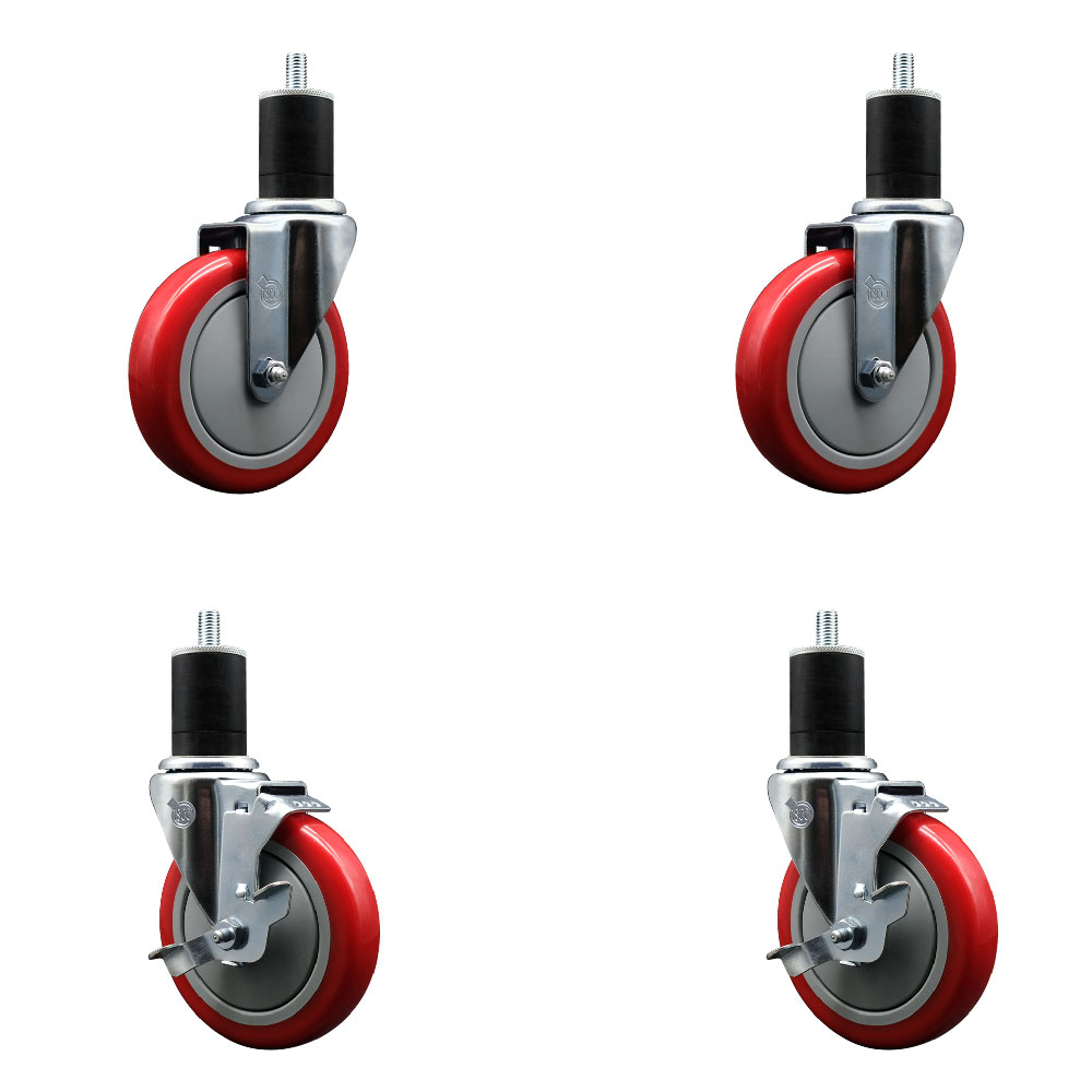 Polyurethane Swivel Expanding Stem Caster Set of 4 with 5 Inch Red Wheels and 1-3/4" Stems - Includes 2 with Top Locking Brakes - 1400 lbs Total Capacity - Service Caster Brand — photo 1
