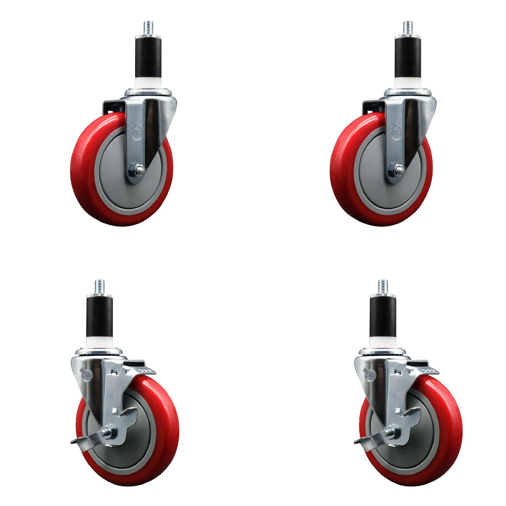 Stainless Steel Polyurethane Swivel Expanding Stem Caster Set of 4 with 5 Inch Red Wheels and 1-3/8" Stems - Includes 2 with Top Locking Brakes - 1400 lbs Total Capacity - Service Caster Brand — photo 1