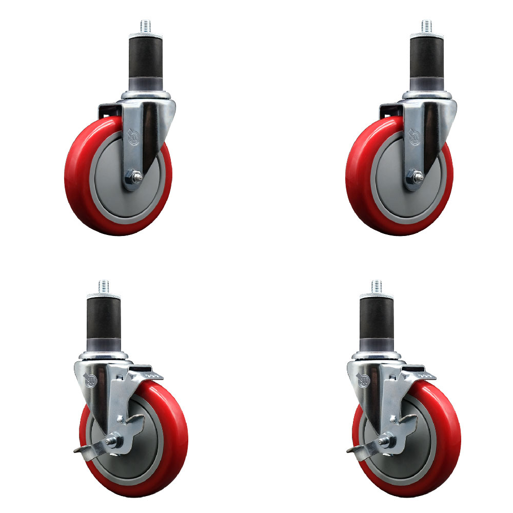 Polyurethane Swivel Expanding Stem Caster Set of 4 with 5 Inch Red Wheels and 1-5/8" Stems - Includes 2 with Top Locking Brakes - 1400 lbs Total Capacity - Service Caster Brand — photo 1