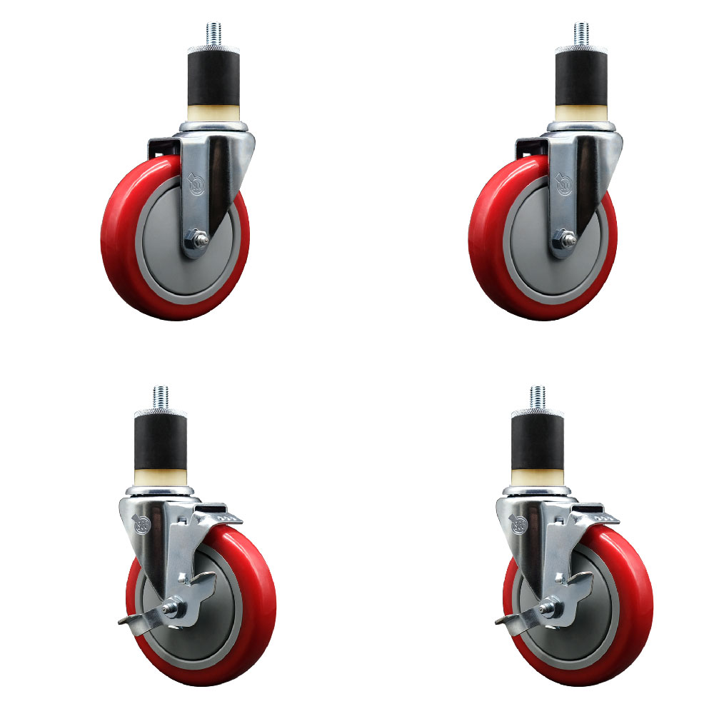 Polyurethane Swivel Expanding Stem Caster Set of 4 with 5 Inch Red Wheels and 1-7/8" Stems - Includes 2 with Top Locking Brakes - 1400 lbs Total Capacity - Service Caster Brand — photo 1