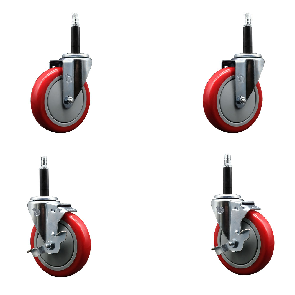 Stainless Steel Polyurethane Swivel Expanding Stem Caster Set of 4 with 5 Inch Red Wheels and 3/4" Stems - Includes 2 with Top Locking Brakes - 1400 lbs Total Capacity - Service Caster Brand — photo 1