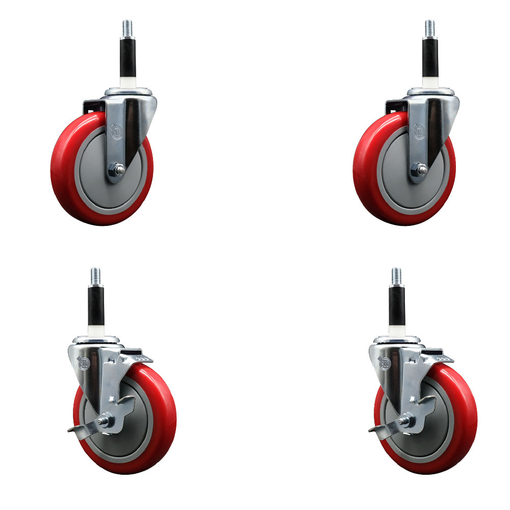 Polyurethane Swivel Expanding Stem Caster Set of 4 with 5 Inch Red Wheels and 7/8" Stems - Includes 2 with Top Locking Brakes - 1400 lbs Total Capacity - Service Caster Brand — photo 1