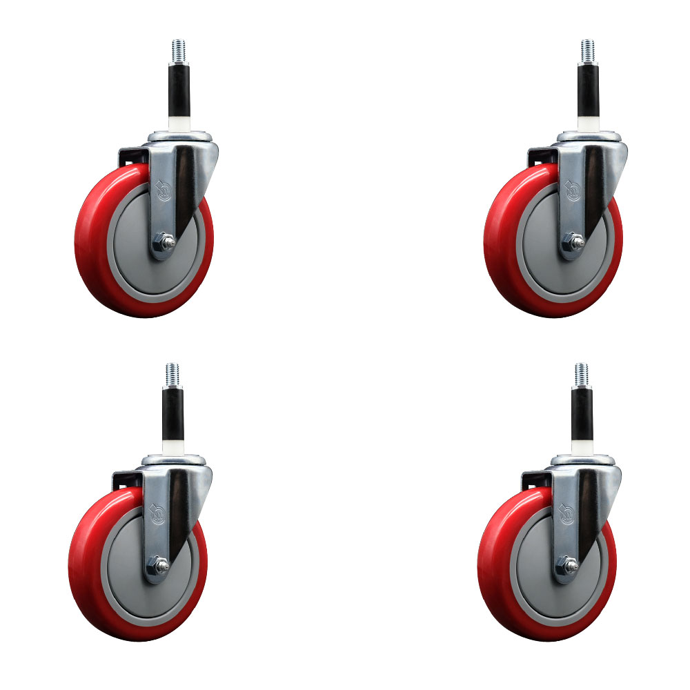 Polyurethane Swivel Expanding Stem Caster Set of 4 with 5 Inch Red Wheels and 7/8" Stems - 350 lbs. Capacity Per Caster - Service Caster Brand — photo 1
