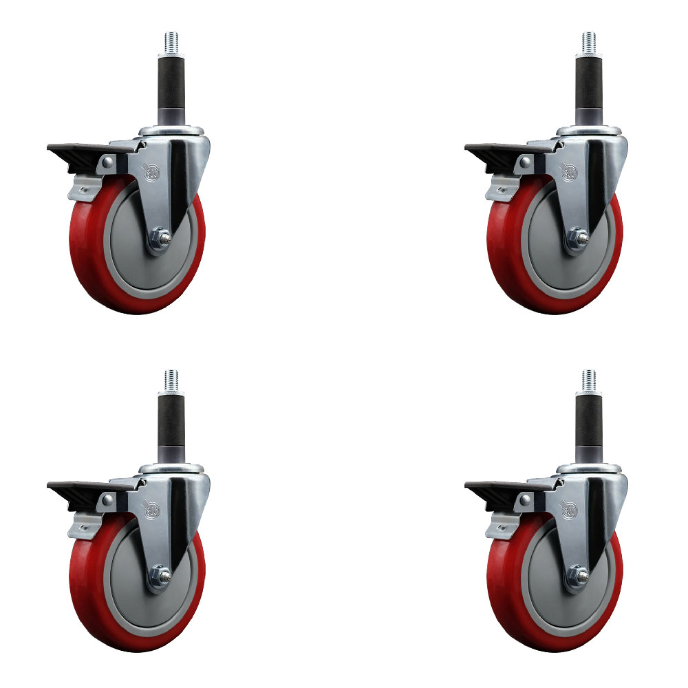 Polyurethane Swivel Expanding Stem Caster Set of 4 with 5 Inch Red Wheels and 1" Stems - Includes 4 Swivel with Posi Locking Brakes - 350 lbs. Capacity Per Caster - Service Caster Brand — photo 1
