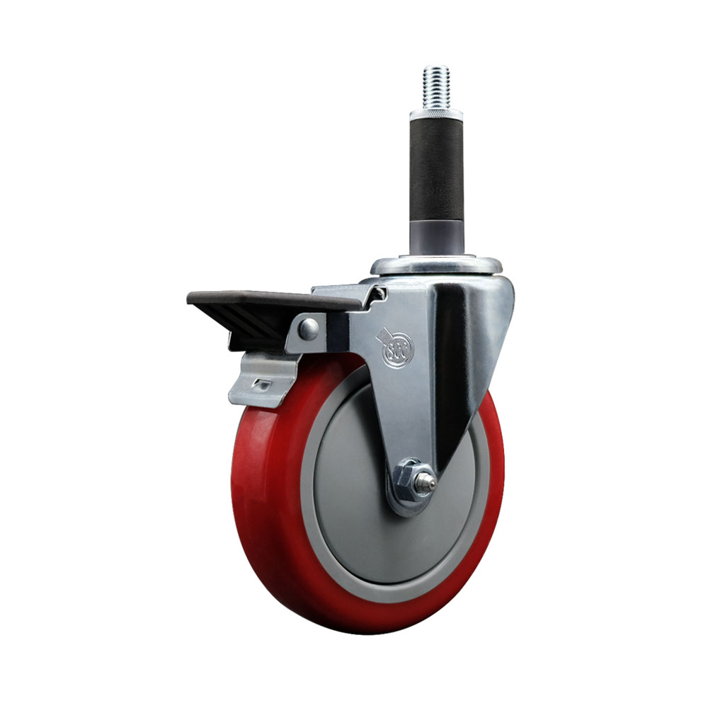 Polyurethane Expanding Stem Swivel Caster with 5 Inch Red Wheel and 1" Stem & Posi Locking Brake - 350 lbs. Capacity Per Caster - Service Caster Brand — photo 1