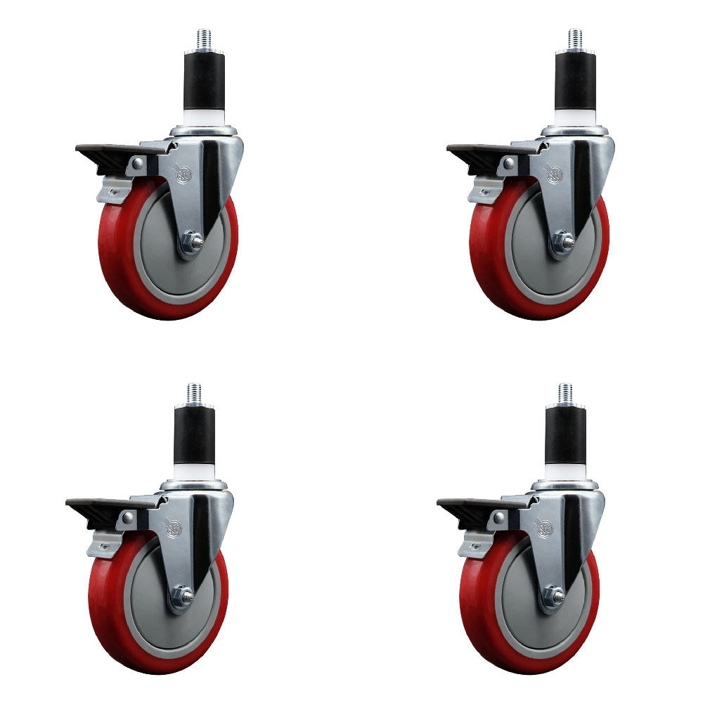 Polyurethane Swivel Expanding Stem Caster Set of 4 with 5 Inch Red Wheels and 1-1/2" Stems - Includes 4 Swivel with Posi Locking Brakes - 350 lbs. Capacity Per Caster - Service Caster Brand — photo 1