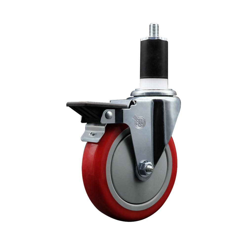 Polyurethane Expanding Stem Swivel Caster with 5 Inch Red Wheel and 1-1/2" Stem & Posi Locking Brake - 350 lbs. Capacity Per Caster - Service Caster Brand — photo 1
