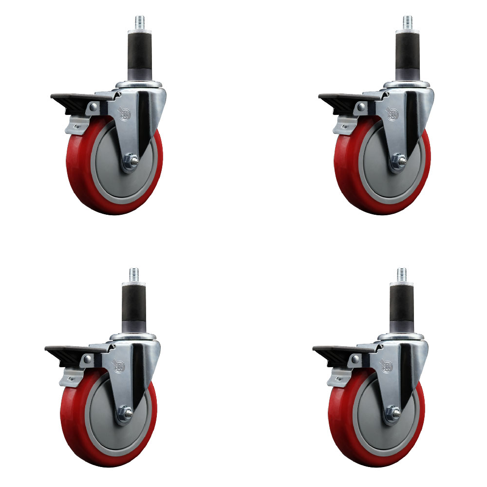 Polyurethane Swivel Expanding Stem Caster Set of 4 with 5 Inch Red Wheels and 1-1/4" Stems - Includes 4 Swivel with Posi Locking Brakes - 350 lbs. Capacity Per Caster - Service Caster Brand — photo 1