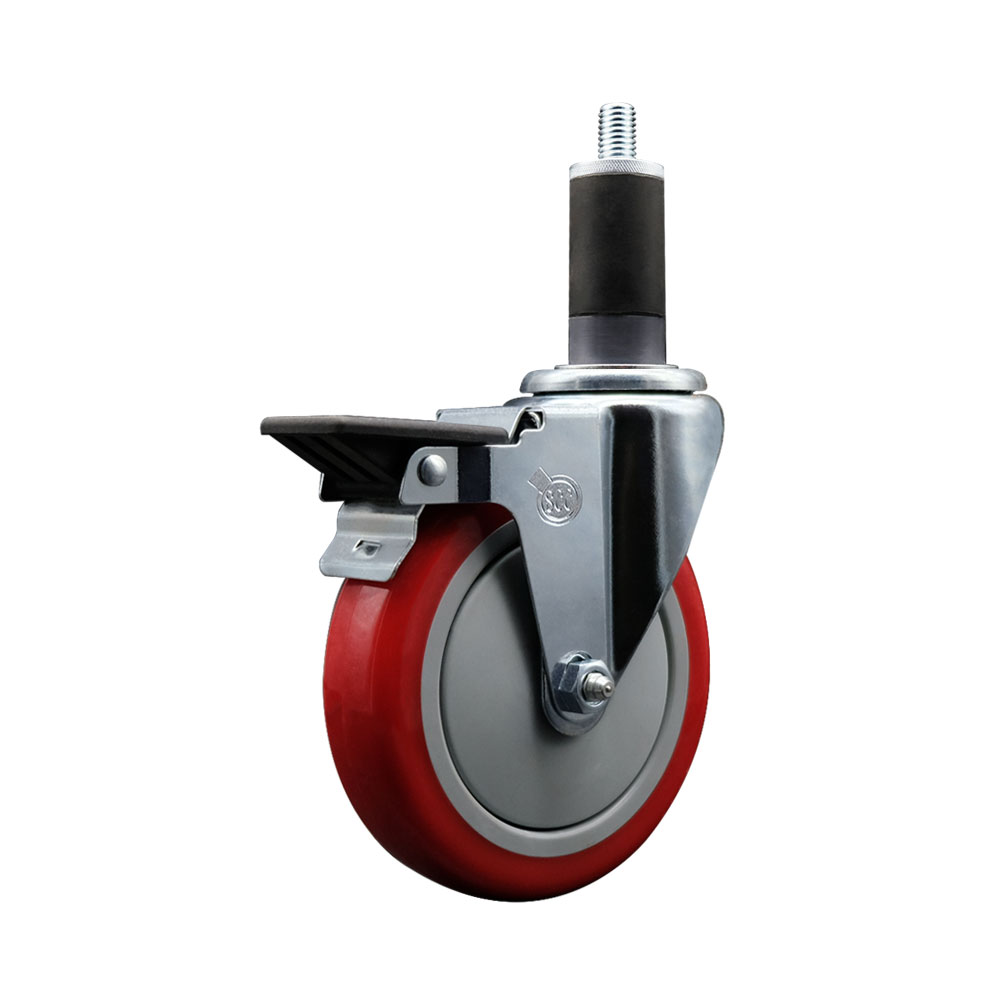Polyurethane Expanding Stem Swivel Caster with 5 Inch Red Wheel and 1-1/4" Stem & Posi Locking Brake - 350 lbs. Capacity Per Caster - Service Caster Brand — photo 1
