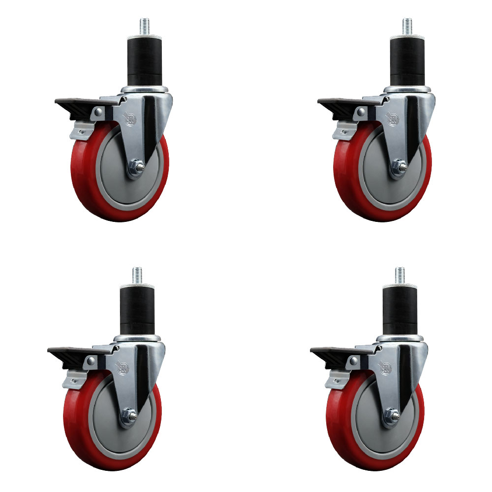 Polyurethane Swivel Expanding Stem Caster Set of 4 with 5 Inch Red Wheels and 1-3/4" Stems - Includes 4 Swivel with Posi Locking Brakes - 350 lbs. Capacity Per Caster - Service Caster Brand — photo 1
