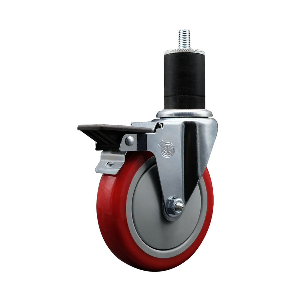 Polyurethane Expanding Stem Swivel Caster with 5 Inch Red Wheel and 1-3/4" Stem & Posi Locking Brake - 350 lbs. Capacity Per Caster - Service Caster Brand — photo 1
