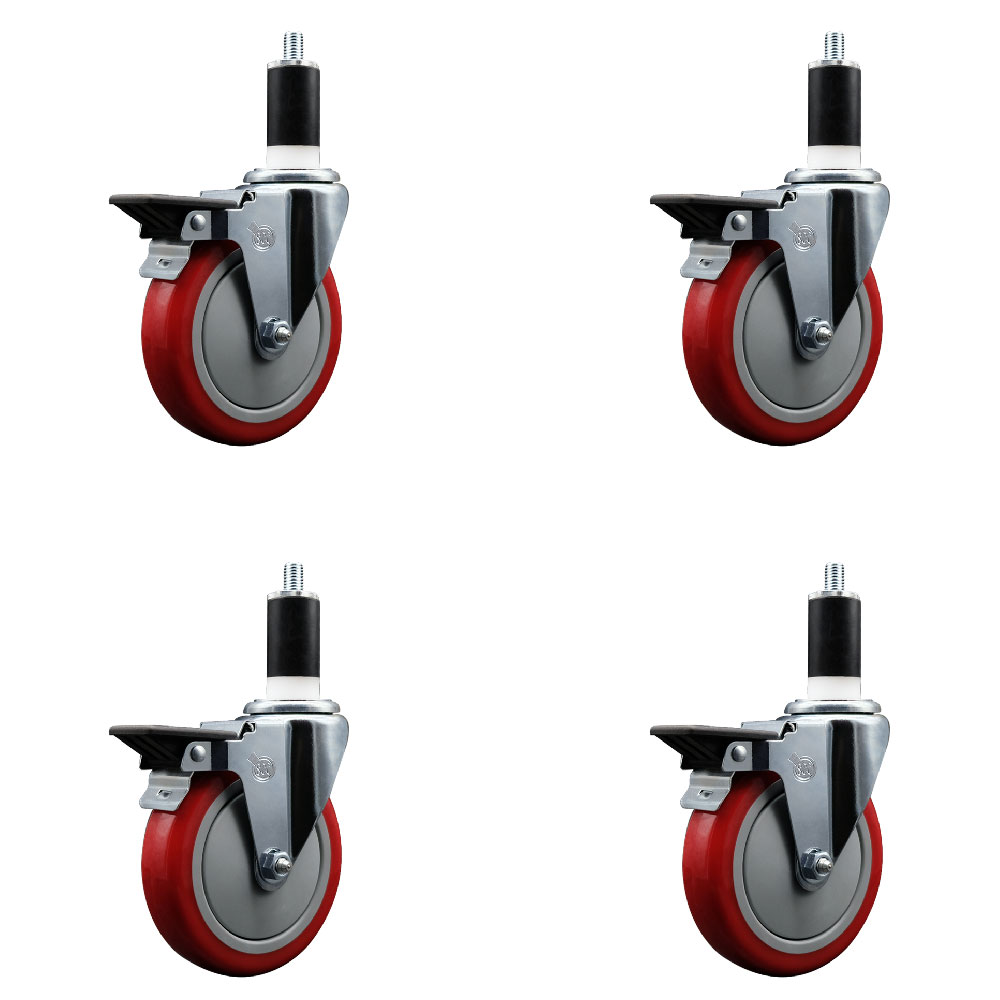 Polyurethane Swivel Expanding Stem Caster Set of 4 with 5 Inch Red Wheels and 1-3/8" Stems - Includes 4 Swivel with Posi Locking Brakes - 350 lbs. Capacity Per Caster - Service Caster Brand — photo 1