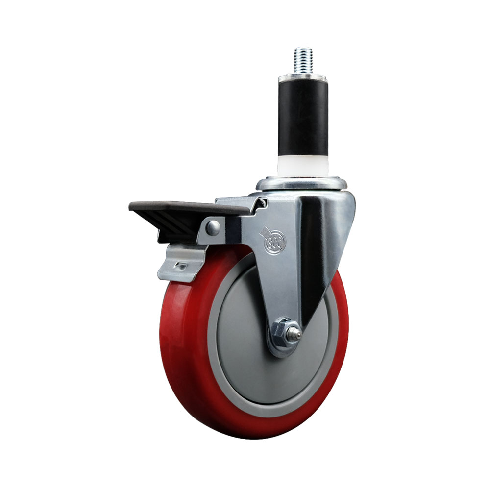 Polyurethane Expanding Stem Swivel Caster with 5 Inch Red Wheel and 1-3/8" Stem & Posi Locking Brake - 350 lbs. Capacity Per Caster - Service Caster Brand — photo 1
