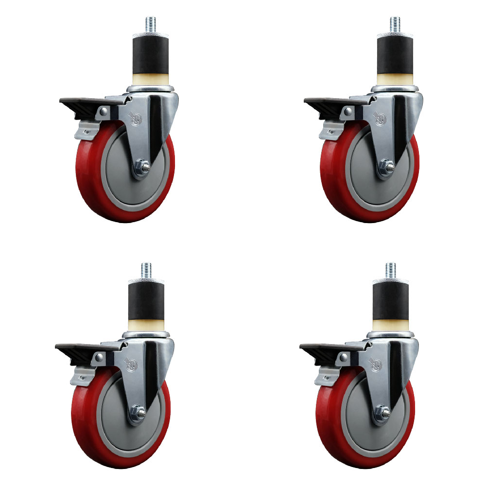 Polyurethane Swivel Expanding Stem Caster Set of 4 with 5 Inch Red Wheels and 1-7/8" Stems - Includes 4 Swivel with Posi Locking Brakes - 350 lbs. Capacity Per Caster - Service Caster Brand — photo 1